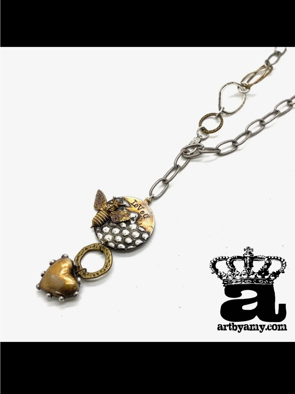 Art by Amy Loved Bee and Heart Pendant Necklace in Antique Gold and Silver - Picture 2 of 2